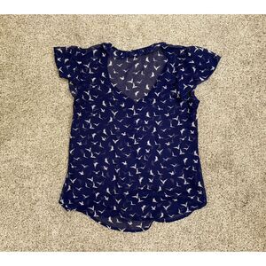 Lily Rose Sheer Royal Blue Short Sleeve Top with White Birds Sz S